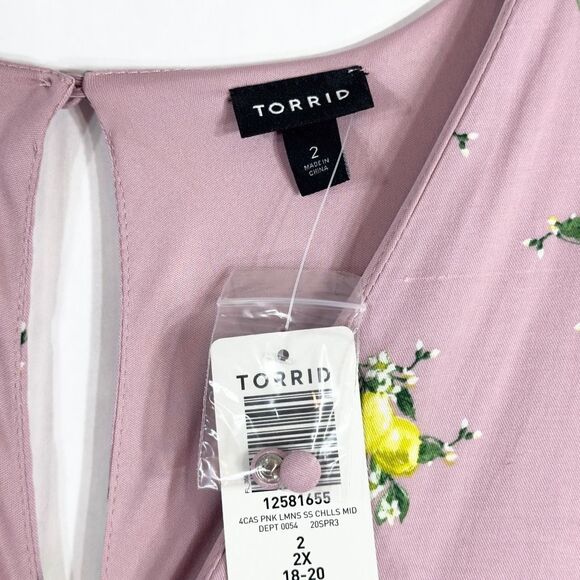 Torrid Plus Size 2X Dress Midi Challis Button Front Dress Mauve Lemon Print 1601 - Picture 14 of 16